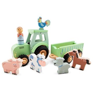 Wooden tractor with trailer and 5 animals